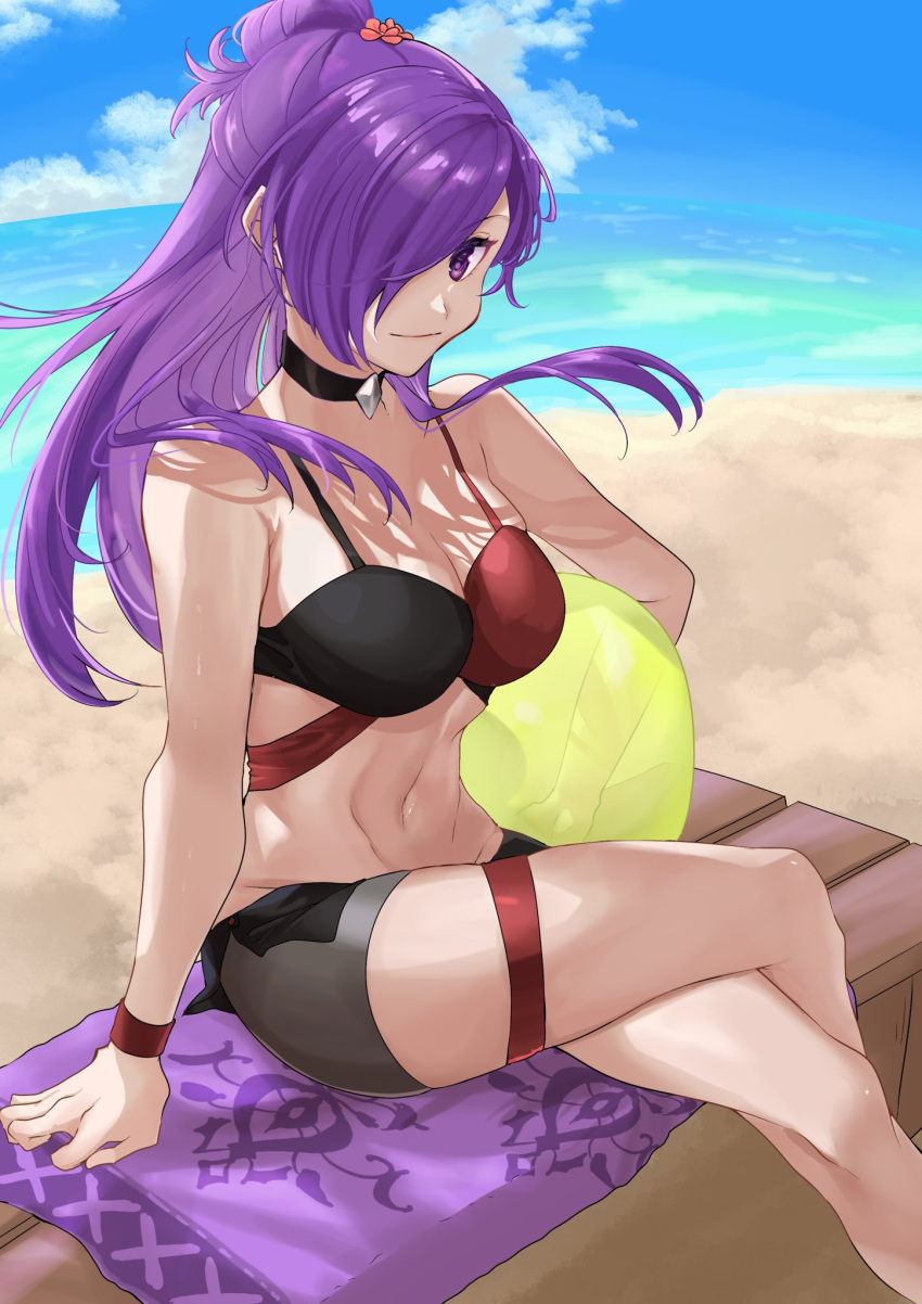 1girl 1girl 1girl alluring alternate_costume ball beach beachball bikini black_bikini black_choker black_swimsuit blue_sky choker closed_mouth cloud commentary_request crossed_legs day female_only fire_emblem fire_emblem:_three_houses fire_emblem_warriors:_three_hopes hair_bun high_res holding holding_ball long_hair medium_breasts navel nintendo ocean outside purple_eyes purple_hair red_bikini red_swimsuit sakura_no_yoru sand shez_(fire_emblem) shez_(fire_emblem)_(female) single_hair_bun sitting sky smile stomach swimsuit two-tone_bikini water