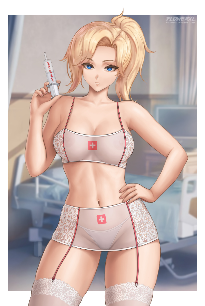 1girl absurd_res artist_logo big_breasts blizzard_(company) blonde_hair blue_eyes bra breasts cleft_of_venus collarbone deviantart_username flowerxl groin hand_on_own_hip high_res holding holding_syringe hospital indoors jewelry legs legwear_garter long_hair looking_at_viewer medical mercy_(overwatch) navel necklace overwatch panties portrait_format revealing_clothes see-through see-through_skirt shorts skirt standing stockings swiss syringe thick_thighs thighs toned toned_female underwear video_game_character white_bra white_shorts white_skirt white_thighhighs