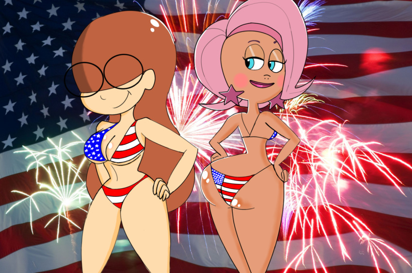 2_girls 4th_of_july a_kind_of_magic american_flag_bikini aqua_eyes ass atomickingboo big_ass big_breasts bikini blush breasts cleavage crossover emma emma_(lou!) fairy female_only fireworks hair long_hair lou! milf multiple_girls shiny shiny_skin smile wide_hips willow willow_(a_kind_of_magic)