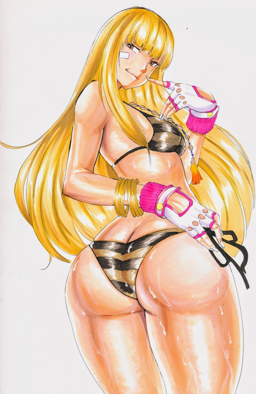 1girl alluring ass bandages bikini blonde_hair brown_eyes butt_crack emilie_de_rochefort fingerless_gloves gloves long_hair looking_back namco octavius_dp swimsuit tekken tekken_5_dark_resurrection tekken_7 tekken_tag_tournament_2 wet