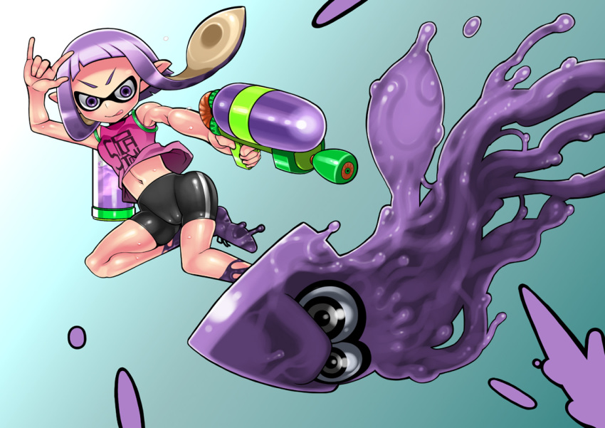 1girl :q bad_id bike_shorts cameltoe domino_mask female flat_chest gradient gradient_background gun hachi_menou ink inkling long_hair mask midriff navel nintendo pointy_ears purple_eyes purple_hair shoes shorts sleeveless slime sneakers splatoon squid super_soaker tentacle_hair tongue tongue_out twintails water_gun weapon wide_hips