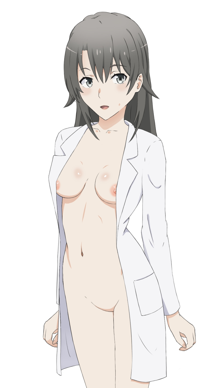 1girl alluring black_hair breasts coro_fae grey_eyes lab_coat_only naked_from_the_waist_down pussy shizuka_hiratsuka yahari_ore_no_seishun_lovecome_wa_machigatteiru.