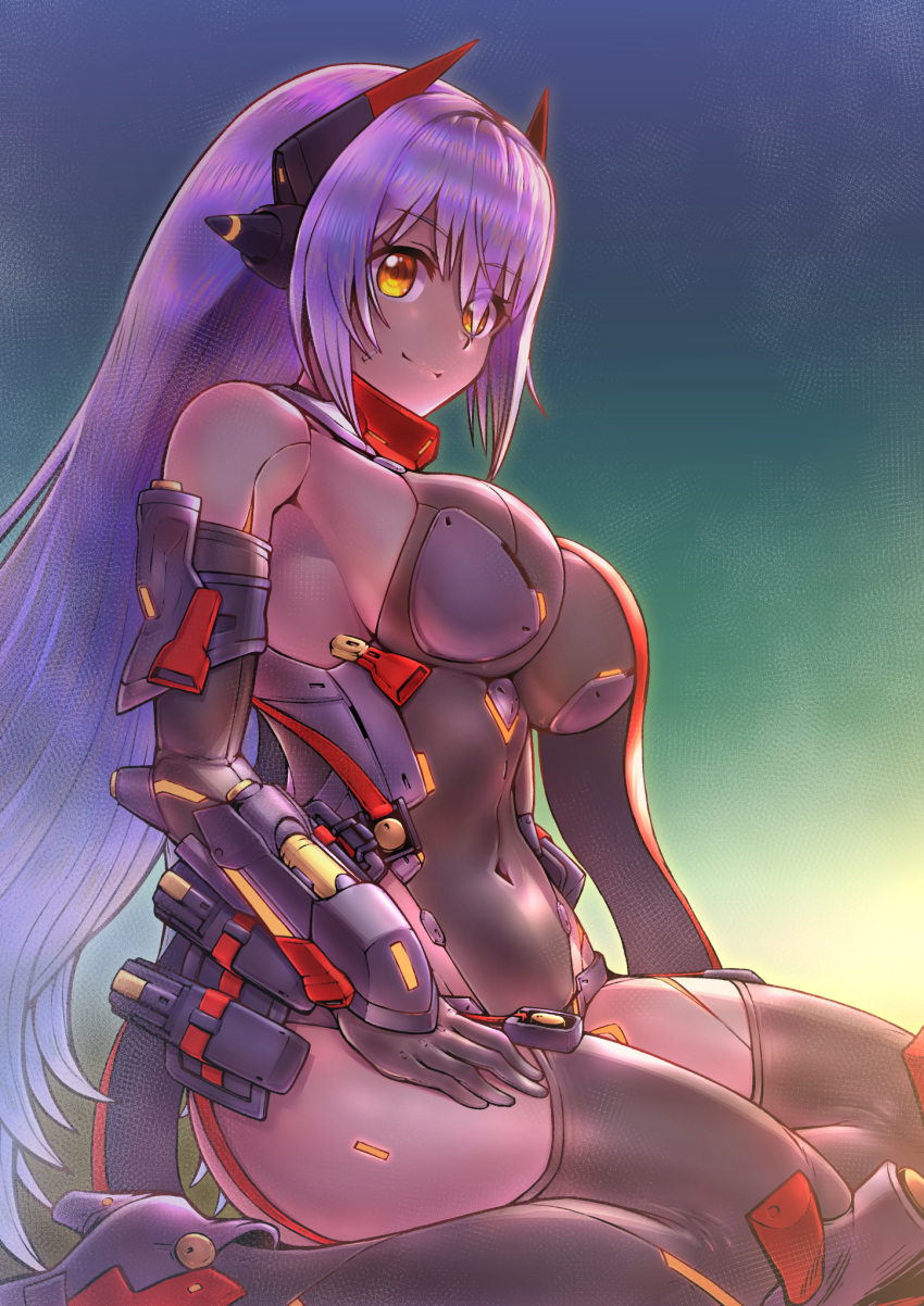 1girl 1girl alluring big_breasts covered_navel elbow_gloves fukadumeasadume gloves gradient_background high_res leotard long_hair nintendo orange_eyes poppi_(xenoblade) poppi_qtpi_(xenoblade) purple_hair sitting smile stockings wariza xenoblade_(series) xenoblade_chronicles_2