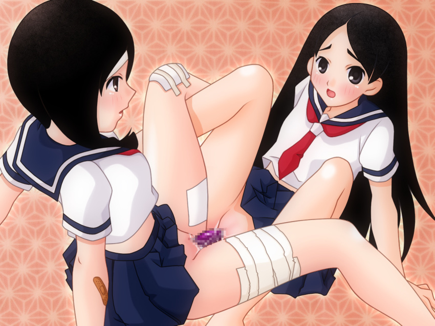 2_girls 2girls abiru_kobushi bandage bandages bangs black_hair blush braid brown_eyes censored chiri_kitsu count_zero dildo dildo_in_pussy double_dildo female/female female_only kitsu_chiri kobushi_abiru long_hair multiple_girls parted_bangs sayonara_zetsubou_sensei school_uniform serafuku twin_braids vaginal_insertion yuri