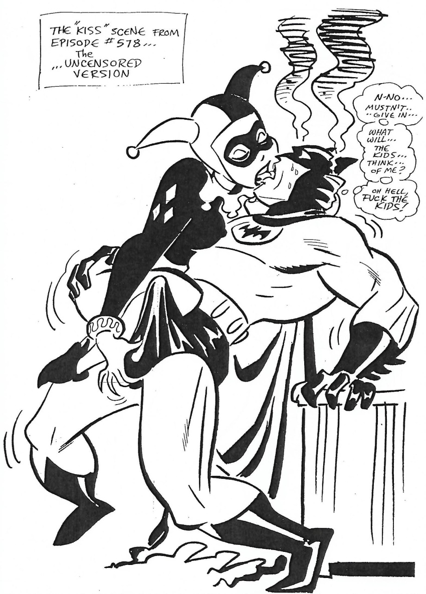 1boy 1girl ball_grope batman batman:_the_animated_series batman_(series) bodysuit bruce_timm bruce_timm_(artist) dc dc_comics dcau erect_penis erection_under_clothes french_kiss french_kissing harleen_quinzel harley_quinn kissing male/female monochrome testicle_grab worth_it