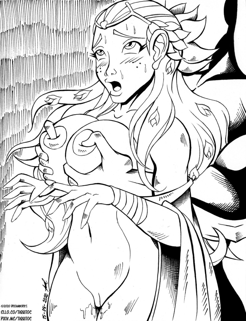 1girl 1guy 2020 ahegao areola arm_guards blush breast_grab breasts dated faceless_male flower_in_hair freckles long_hair muscular_male navel nipple_pinch nude open_mouth perfuma pussy pussy_juice shawl she-ra_and_the_princesses_of_power she-ra_princess_of_power signature simple_background surprised sweating tiara tiquitoc web_address