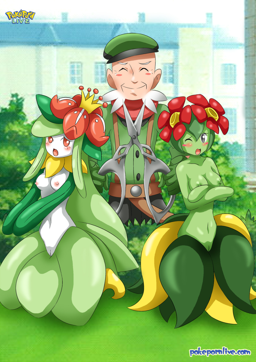 1boy 2_girls 2girls anthro bbmbbf bellossom blush breasts closed_eyes day female lilligant male nintendo nipple nude one_eye_closed open_mouth outside palcomix pokemon pokemon_xy pokepornlive pussy ramos tagme vagina yard