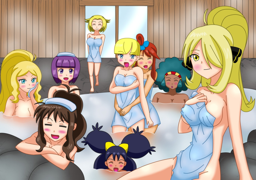 6+girls afro alluring aloe_(pokemon) alternate_hairstyle art bath bathing bel_(pokemon) big_breasts blonde_hair blue_eyes blush breasts caitlin_(pokemon) cattleya_(pokemon) cleavage closed_eyes creatures_(company) cynthia_(pokemon) dark-skinned_female dark_skin elesa_(pokemon) elite_four elite_four_(unova_region) female from_behind fuuro_(pokemon) game_freak glasses green_hair gym_leader hair hair_over_one_eye happy hiromon_(artist) hug hug_from_behind huge_breasts hugging humans_of_pokemon iris_(pokemon) kamitsure_(pokemon) large_breasts lenora_(pokemon) long_hair looking_at_viewer megane multiple_girls naked_towel neck nintendo nude nude_cover onsen pokemon pokemon_(anime) pokemon_(game) pokemon_black_2_&_white_2 pokemon_black_and_white pokemon_bw pokemon_bw2 pokemon_diamond_pearl_&_platinum pokemon_dppt pokemon_heartgold_and_soulsilver pokemon_masters ponytail porkyman purple_eyes purple_hair red_hair shauntal_(pokemon) shikimi_(pokemon) shirona_(pokemon) short_hair sitting skyla_(pokemon) smile standing touko_(pokemon) towel towel_on_head walking water yuri