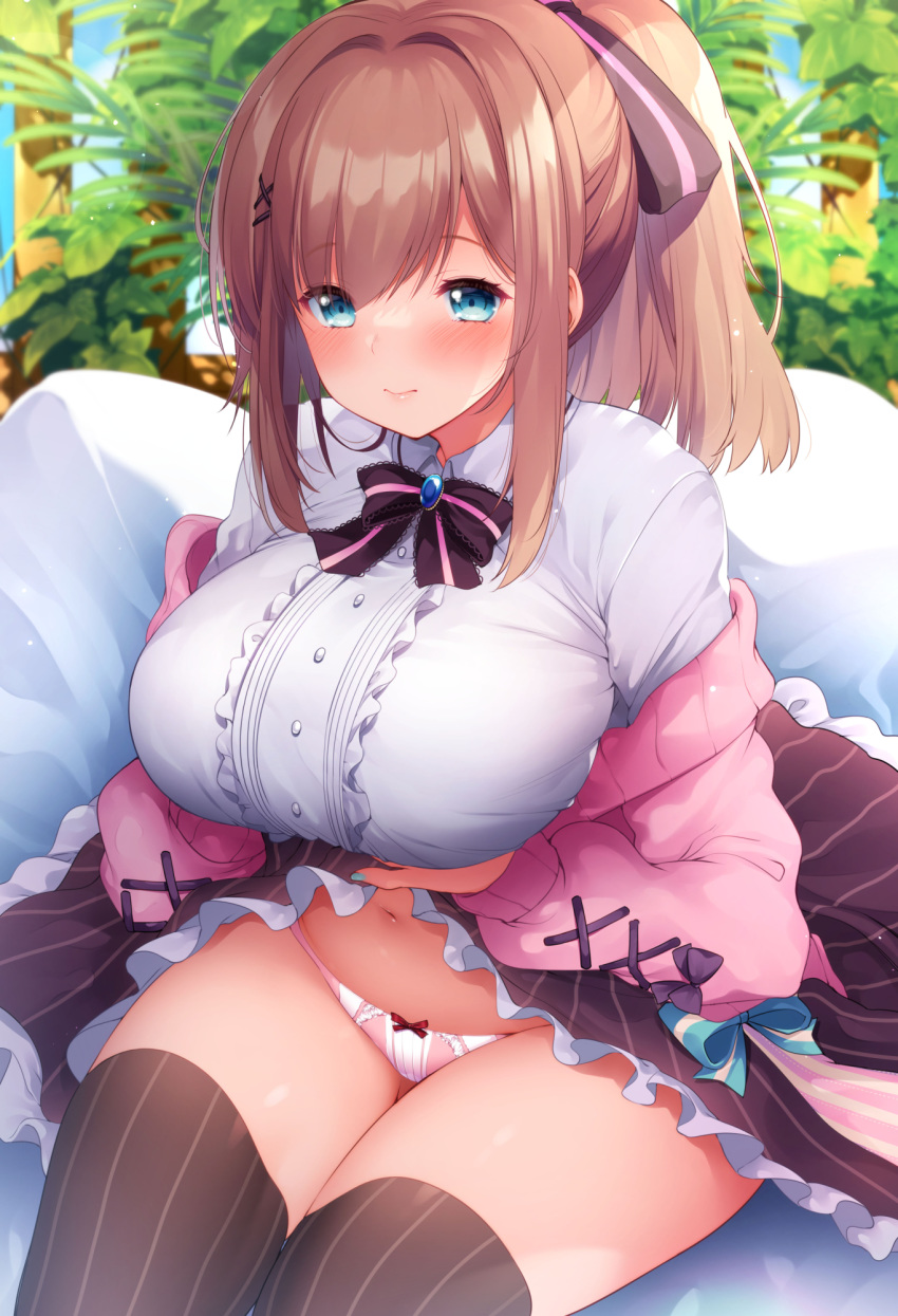 1girl bangs big_breasts black_bow black_legwear black_neckwear black_skirt blue_eyes blue_nails blush bow bow_panties bowtie breast_hold breasts brown_hair cardigan center_frills closed_mouth eyebrows_visible_through_hair frilled_skirt frills fujisaki_hikari hair_bow hair_ornament hairclip high_resolution looking_at_viewer nail_polish nijisanji open_cardigan open_clothes panties pink_cardigan pink_panties ponytail shirt sidelocks sitting skirt smile stockings striped striped_legwear suzuhara_lulu tied_hair underwear upskirt vertical-striped_legwear vertical-striped_skirt vertical_stripes virtual_youtuber white_shirt x_hair_ornament