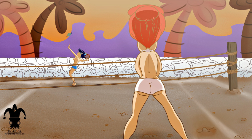 ass betty_rubble jesterbutts tennis tennis_court tennis_racket the_flintstones topless_(female) wilma_flintstone