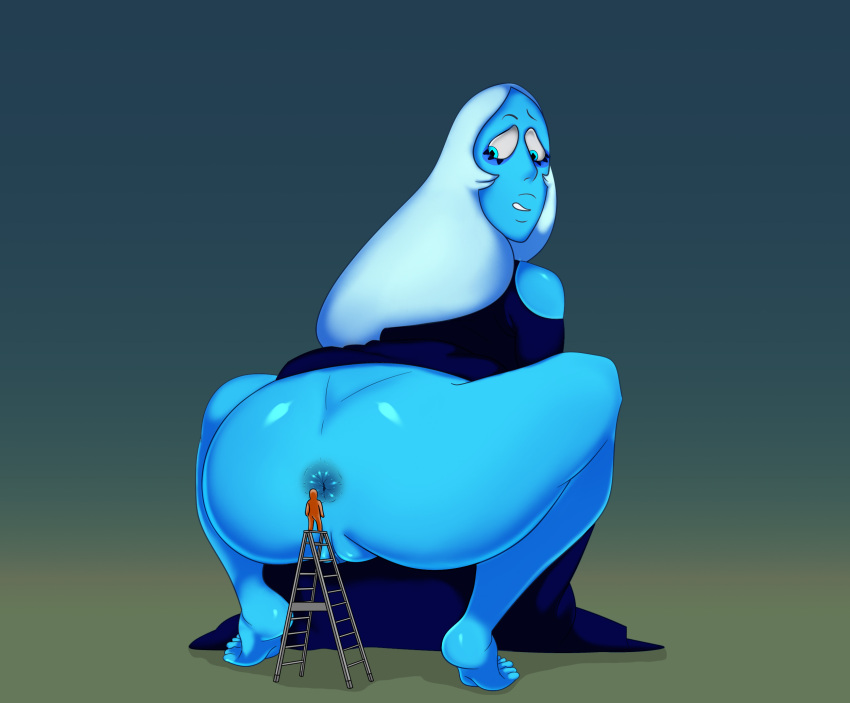 1girl alien alien_girl anus blue_diamond_(steven_universe) blue_eyes blue_hair blue_skin bottomless crouching ddm004 diamond_authority dress dress_lift exposed_ass giantess human long_hair oddrich pussy shiny shiny_skin steven_universe thick_thighs wide_hips