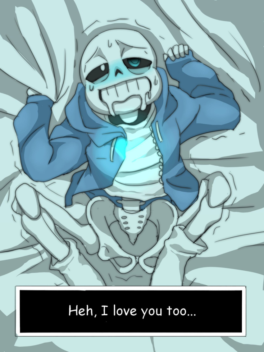 1boy 2010s 2016 2d 2d_(artwork) ahegao animated_skeleton ass bed_sheet blue_eye blue_hoodie blue_jacket bottom_sans bottomless bottomless_male comic_sans dialogue digital_media_(artwork) drooling english_text glowing grabbing_sheets hoodie jacket male male_only mmmemmo monster on_bed partially_clothed partially_clothed_male sans sans_(undertale) sheet_grab skeleton socks soul sweat talking talking_to_viewer text tongue topwear trembling uke_sans undead undertale undertale_(series) video_games