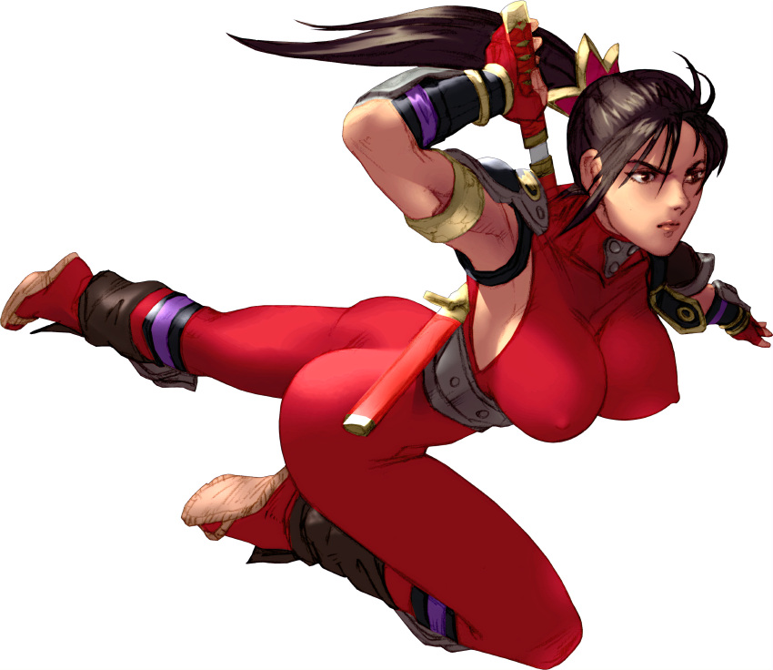 1girl absurd_res alluring big_breasts black_hair blade covered_erect_nipples high_res jumping kawano_takuji kodachi kunoichi ninja nipples official_art project_soul short_sword soul_calibur soul_calibur_ii spandex sword tabi taki weapon