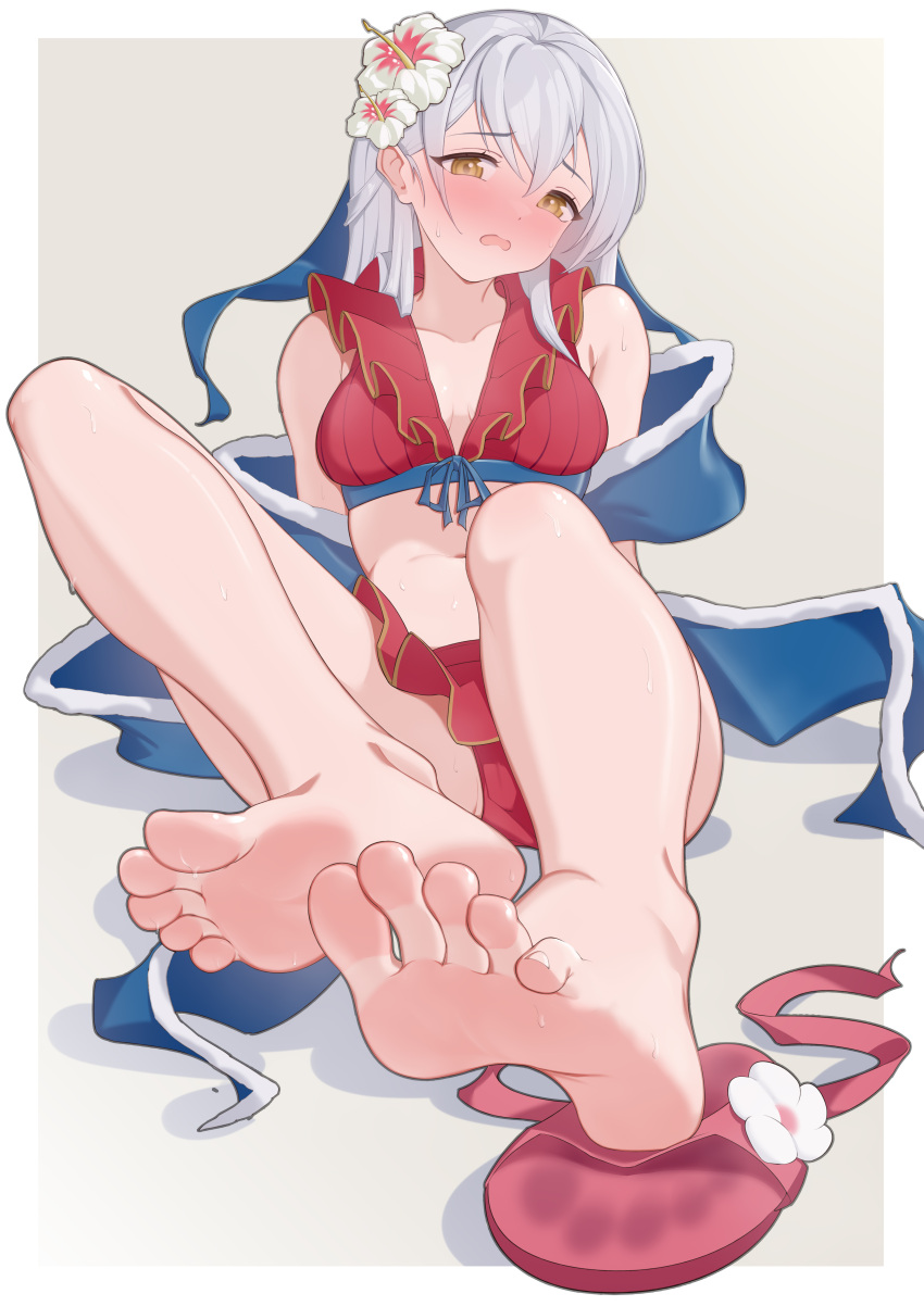 1girl absurd_res alluring barefoot blush dyamond feet fire_emblem fire_emblem_heroes flower hair_flower hair_ornament high_res intelligent_systems long_hair looking_at_viewer micaiah_(fire_emblem) micaiah_(wavecrest_maiden)_(fire_emblem) nintendo open_mouth sandals shoes single_shoe soles sweat swimsuit toes unworn_shoes white_hair yellow_eyes