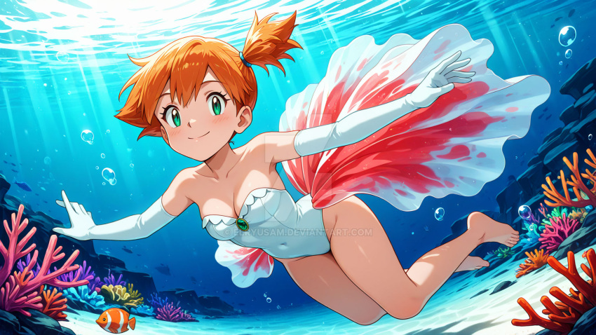1girl ai_generated cosplay elryusam female goldeen goldeen_(cosplay) kasumi_(pokemon) nintendo pokemon solo swimming tagme under_the_sea underwater