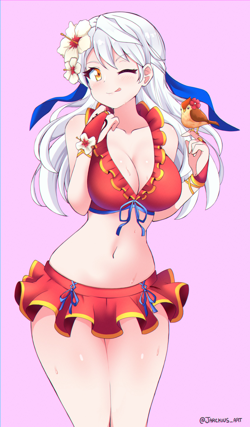 1girl :q absurd_res alluring big_breasts bikini bikini_skirt bird bird_on_hand birthmark blush cleavage closed_mouth collarbone cowboy_shot fingerless_gloves fire_emblem fire_emblem:_radiant_dawn fire_emblem_heroes front-tie_top gloves grey_hair hair_ribbon half_updo hand_up high_res intelligent_systems jarckius long_hair micaiah_(fire_emblem) micaiah_(wavecrest_maiden)_(fire_emblem) miniskirt navel nintendo official_alternate_costume one_eye_closed pink_background red_bikini red_gloves ribbon simple_background skirt smile swimsuit thighs tongue tongue_out twitter_username wet yellow_eyes yune_(fire_emblem)