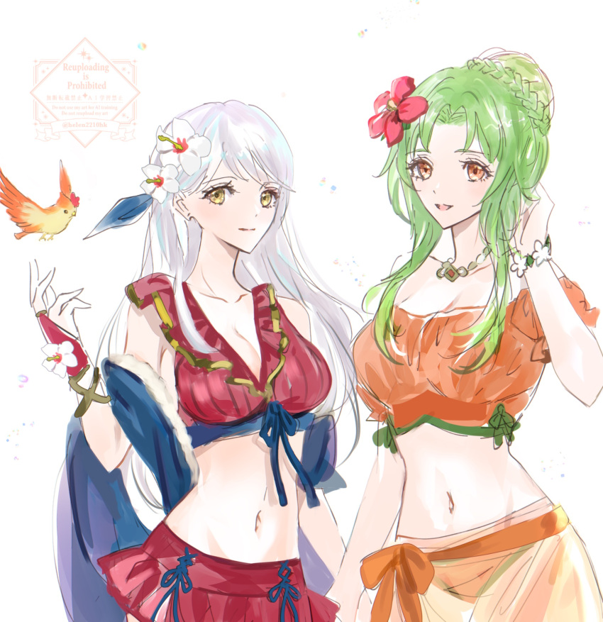 2_girls alluring bare_shoulders bikini bikini_skirt bird blue_shawl blush brown_eyes cleavage closed_mouth collarbone elincia_ridell_crimea elincia_ridell_crimea_(summer) fingerless_gloves fire_emblem fire_emblem:_path_of_radiance fire_emblem:_radiant_dawn fire_emblem_heroes flower gloves green_hair grey_hair hair_flower hair_ornament hair_ribbon helen_(helen2210hk) hibiscus high_res intelligent_systems long_hair looking_at_viewer medium_breasts micaiah_(fire_emblem) micaiah_(wavecrest_maiden)_(fire_emblem) multiple_girls navel nintendo off-shoulder_bikini off_shoulder official_alternate_costume open_mouth orange_bikini orange_sarong red_bikini red_gloves ribbon sarong see-through_clothes see-through_sarong shawl short_sleeves simple_background smile stomach swimsuit yellow_eyes yune_(fire_emblem)