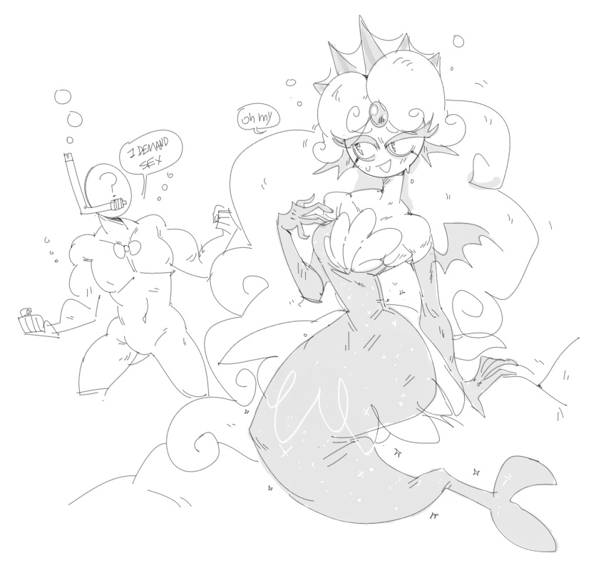 1boy 1girl 2022 anon apode armwear athletic athletic_male biceps black_and_white black_pearl_cookie bow_tie breasts bubble clothing cookie cookie_(cookie_run) cookie_humanoid cookie_run cookie_run_kingdom devsisters dialogue duo elbow_gloves english_text featureless_crotch female fingers food food_creature food_humanoid gloves hair handwear high_res human humanoid legless long_hair male mammal marine merfolk mhdrawin monochrome muscular muscular_male navel nude open_mouth question_mark seashell shell sitting smile snorkel split_form text underwater water