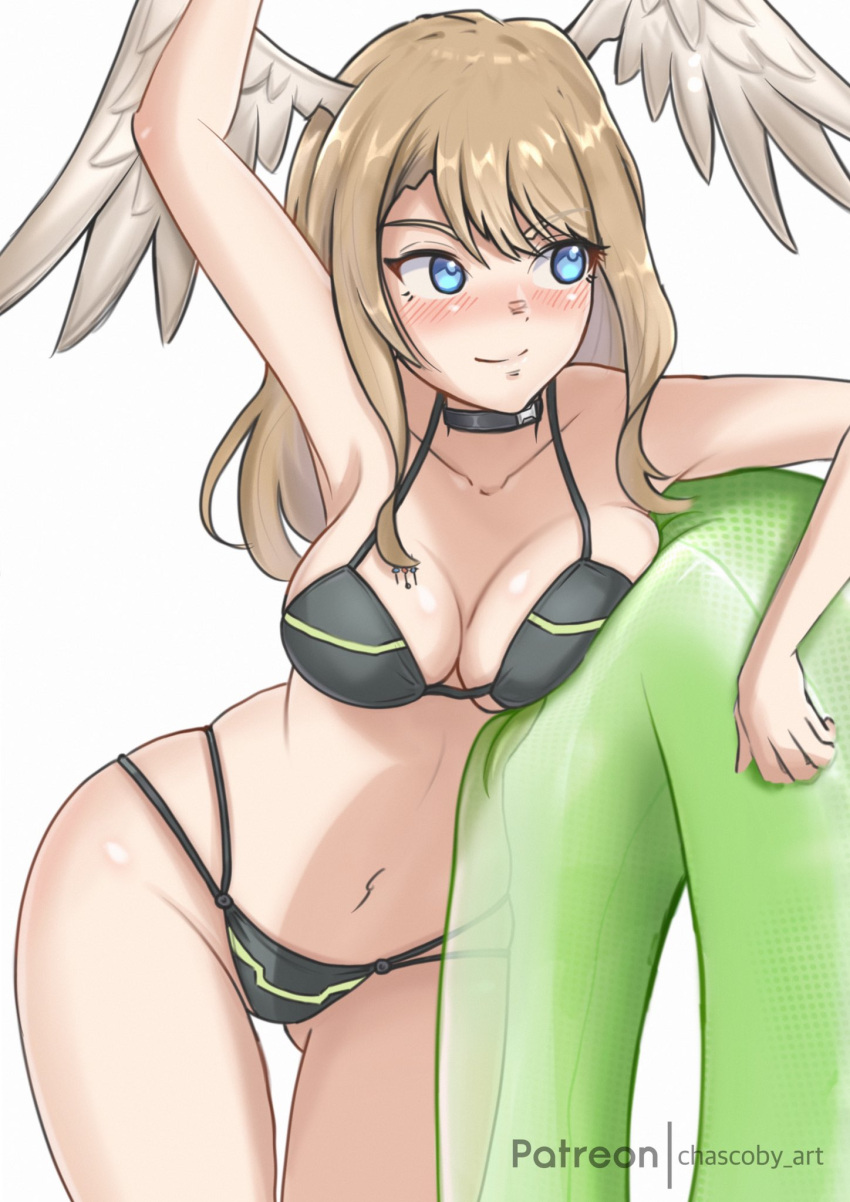 1girl 1girl alluring arm_up big_breasts bikini black_bikini black_choker blue_eyes breast_tattoo breasts_squeezed_together chascoby choker cleavage eunie_(xenoblade) eyebrows_hidden_by_hair head_wings high_res innertube long_hair navel swim_ring swimsuit tattoo white_wings wings xenoblade_(series) xenoblade_chronicles_3