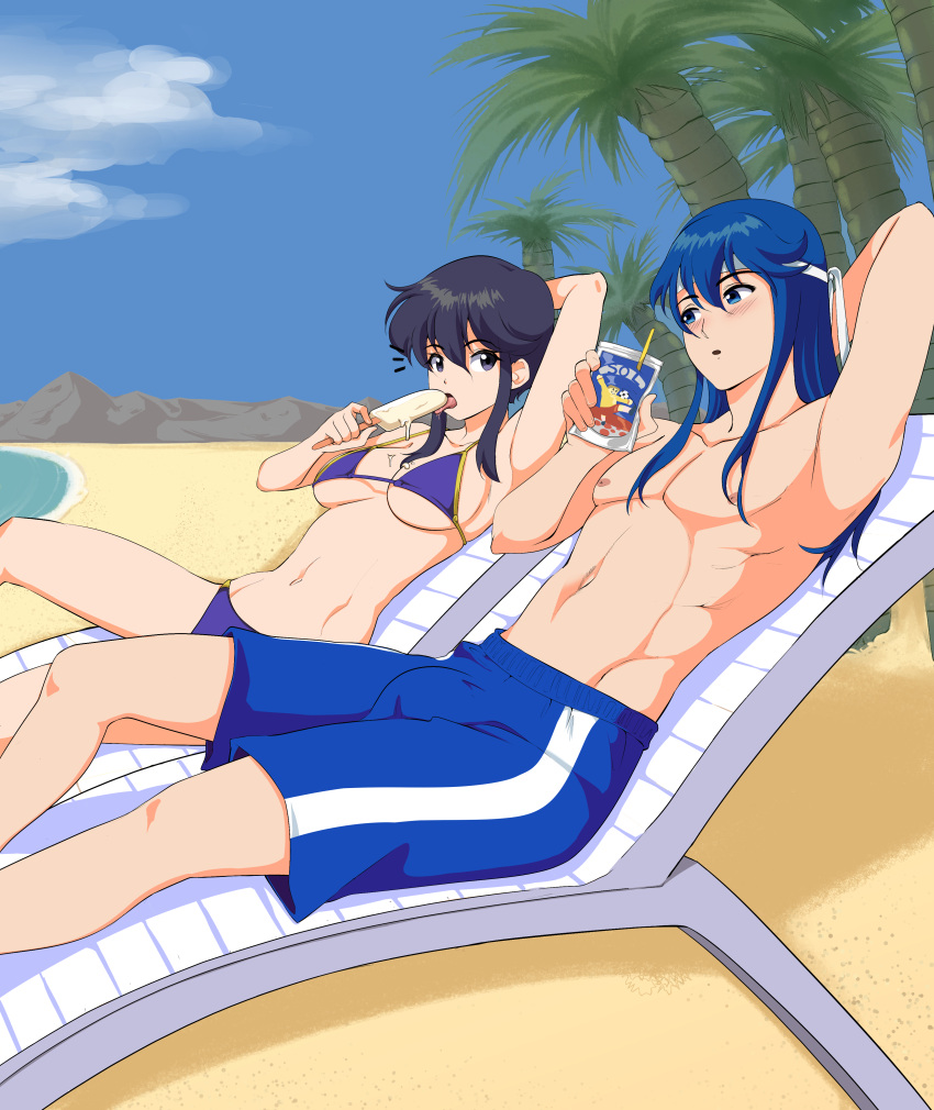 1boy 1girl absurd_res arm_behind_head assertive_female beach big_breasts bikini bikini_pull bikini_top_lift black_hair blue_hair blue_male_swimwear blue_swim_trunks blush chair clothes_lift clothes_pull come_hither commission commissioner_upload couple crushing day drinking_straw dripping eye_contact fire_emblem fire_emblem:_genealogy_of_the_holy_war fire_emblem_heroes food hair_down headband high_res holding holding_food holding_popsicle ice_cream intelligent_systems juice_box larcei_(fire_emblem) lifting_own_clothes looking_at_another lounge_chair lying male_swimwear melting naughty_face navel nervous nervous_sweating nintendo nipples ocean open_mouth palm_tree popsicle presenting rs40uchiha seductive_smile seliph_(fire_emblem) sexually_suggestive single_vertical_stripe smile smug summer sweat swim_trunks swimsuit teasing tomboy tree