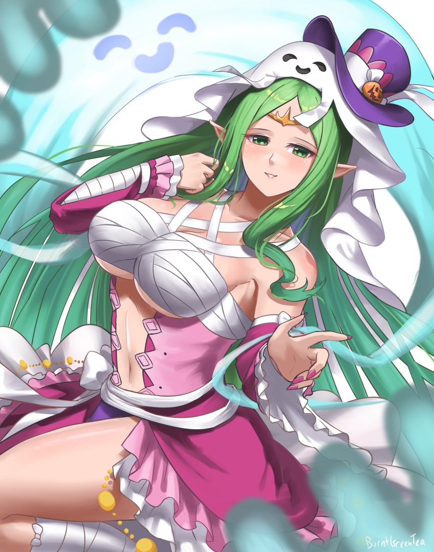 1girl 1girl 1girl absurd_res alluring alternate_costume bare_thighs big_breasts breasts burnt_green_tea center_opening chest_sarashi cleavage female_only fire_emblem fire_emblem_awakening fire_emblem_heroes ghost green_eyes green_hair halloween halloween_costume hat high_res intelligent_systems long_hair looking_at_viewer naga_(fire_emblem) nail_polish nintendo official_alternate_costume pink_nails pointy_ears sarashi smile thick_thighs thighs tiara top_hat under_boob very_long_hair wrappings