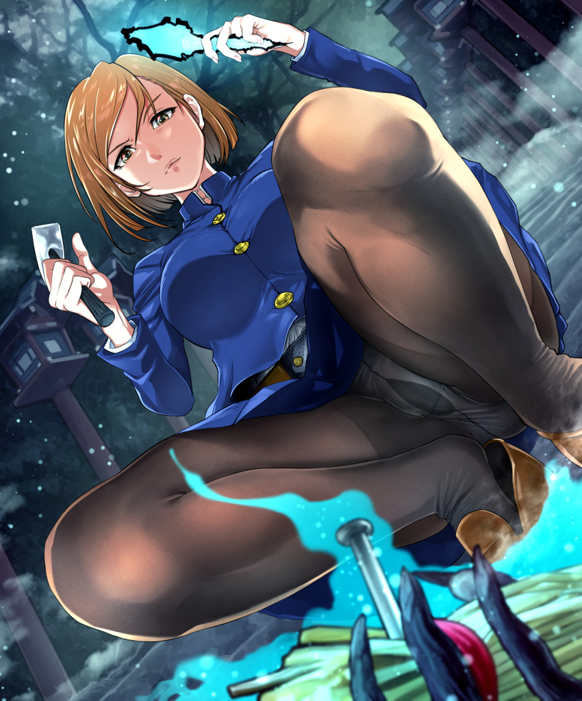 1girl aura breasts brown_eyes brown_hair fully_clothed hammer jujutsu_kaisen kugisaki_nobara legwear looking_at_viewer nails panties panties_visible_through_clothing pantyhose presenting skirt solo07450075 teasing thick_thighs thighs upskirt