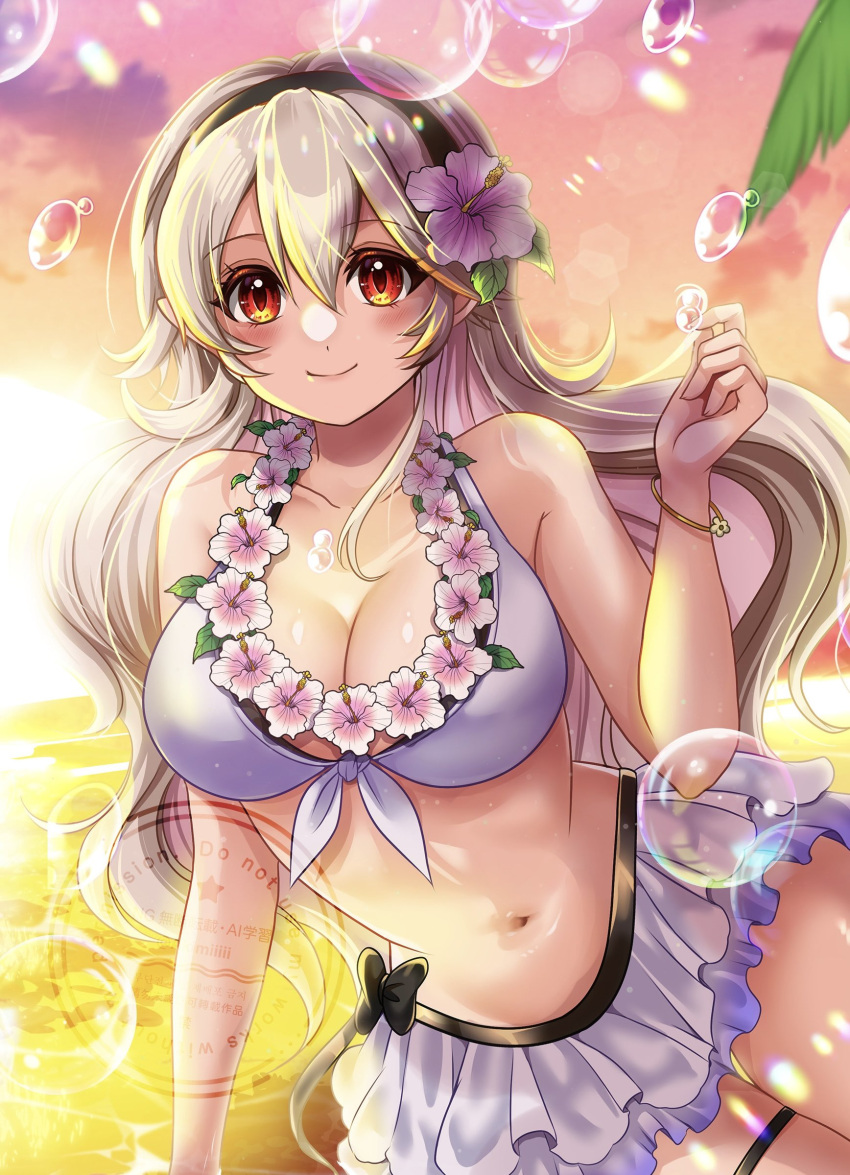 1girl 1girl akimiiiii alluring arm_support bare_arms bare_shoulders big_breasts bikini black_hairband blush bubble cleavage collarbone corrin_(fire_emblem) corrin_(fire_emblem)_(female) corrin_(summer)_(fire_emblem)_(female) fire_emblem fire_emblem_fates fire_emblem_heroes fire_emblem_warriors flower flower_necklace grey_hair hair_between_eyes hair_flower hair_ornament hairband hand_up hibiscus high_res intelligent_systems jewelry looking_at_viewer navel necklace nintendo ocean official_alternate_costume outside red_eyes skirt smile stomach sunset swimsuit thigh_strap thighs white_bikini white_skirt