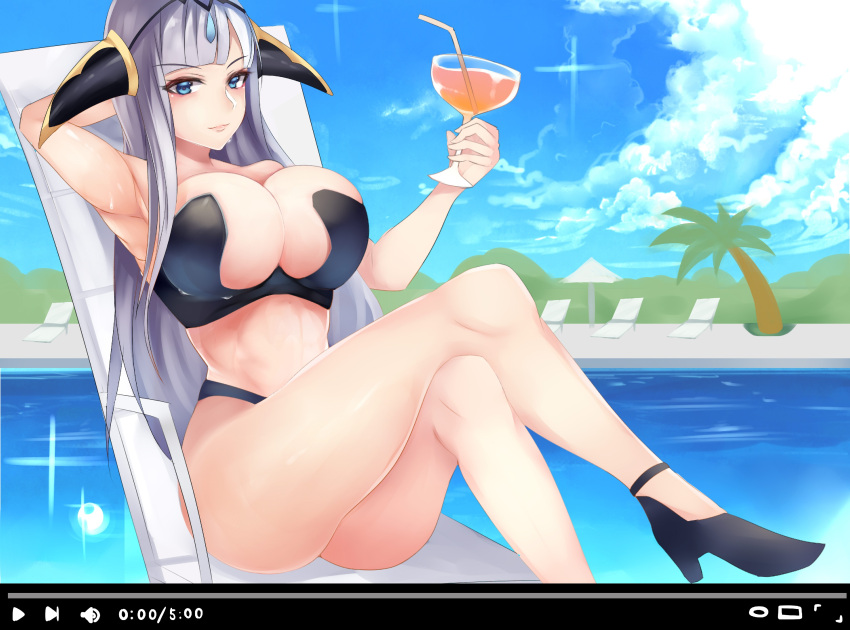 1girl 1girl 1girls absurd_res alternate_costume arm_up bangs bare_legs beach beach_chair big_breasts bikini black_bikini black_footwear blue_eyes blunt_bangs circlet cloud cloudy_sky crossed_legs day drink drinking_straw eyebrows_visible_through_hair fire_emblem fire_emblem_cipher glass high_heels high_res horn_ornament horns intelligent_systems lips long_hair midriff nintendo outside palm_tree shade_(fire_emblem) silver_hair sky solo_female straight_hair swimsuit tea_texiamato thighs tree water