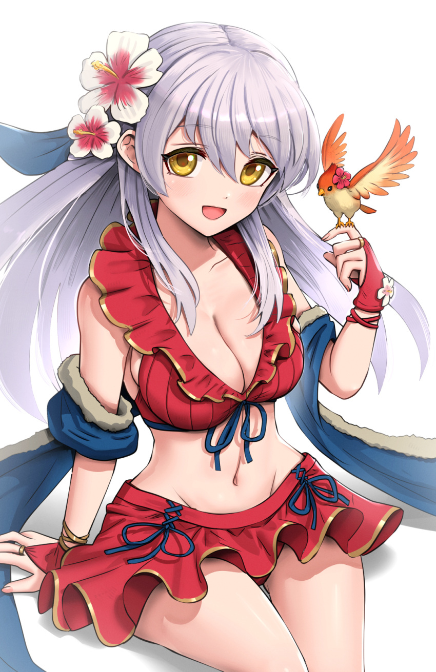 1girl 1girl :d alluring bare_shoulders big_breasts bikini bikini_skirt bird bird_on_hand blue_scarf cleavage collarbone fire_emblem fire_emblem:_radiant_dawn fire_emblem_heroes flower gloves gonzarez grey_hair groin hair_flower hair_ornament hair_ribbon high_res intelligent_systems long_hair looking_at_viewer micaiah_(fire_emblem) micaiah_(wavecrest_maiden)_(fire_emblem) miniskirt nintendo official_alternate_costume open_mouth red_bikini red_gloves ribbon scarf simple_background skirt smile swimsuit white_background yellow_eyes yune_(fire_emblem)