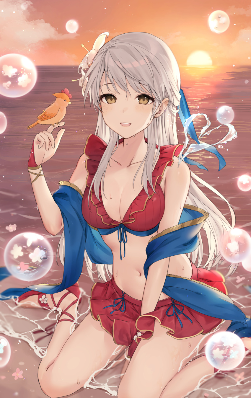 1girl 1girl alluring between_legs bikini bikini_skirt bird bird_on_hand blue_shawl blush bubble cleavage collarbone fingerless_gloves fire_emblem fire_emblem:_radiant_dawn flower frilled_bikini frills front-tie_top gloves grey_hair hair_flower hair_ornament hand_between_legs haru_(nakajou-28) heart high_res intelligent_systems long_hair looking_at_viewer medium_breasts micaiah_(fire_emblem) micaiah_(wavecrest_maiden)_(fire_emblem) miniskirt multicolored_bikini navel nintendo ocean open_mouth outside pleated_skirt red_bikini red_gloves red_sandals red_skirt sandals shawl sitting skirt smile stomach sunset swimsuit thighs two-tone_bikini wariza water wet yellow_eyes yune_(fire_emblem)