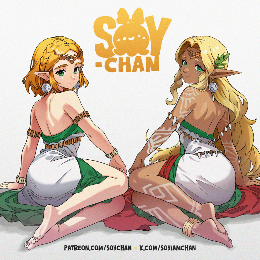 2_girls age_difference arm_support armlet back bangs bare_back bare_legs bare_shoulders barefoot blonde_female blonde_hair bodypaint bracelet braid circlet closed_mouth crown_braid dark-skinned_female dark_skin dress duo earrings elf facial_mark feet female_only friends from_behind green_eyes hair_ornament heroine hylian hyrule_warriors hyrule_warriors:_age_of_imprisonment jewelry leaf leaf_hair_ornament leaves legs legs_together long_dress long_hair looking_at_viewer looking_back lots_of_jewelry multiple_girls neck necklace nintendo official_alternate_costume official_alternate_hairstyle parted_bangs pointy_ears princess princess_zelda shadow short_hair sitting smile sonia_(zelda) soy-chan strapless strapless_dress symmetry tears_of_the_kingdom the_legend_of_zelda the_legend_of_zelda:_tears_of_the_kingdom thick_eyebrows thighs tied_hair very_long_hair wavy_hair white_dress yokozuwari zelda_(tears_of_the_kingdom)