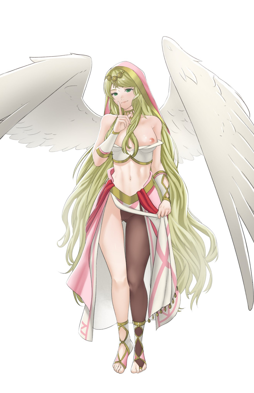 1girl 1girl alluring angel_wings bare_shoulders bridal_legwear brown_pantyhose closed_mouth collarbone commentary dancer english_commentary eyelashes feathered_wings feet finger_to_face fire_emblem fire_emblem:_radiant_dawn fire_emblem_heroes full_body gluteal_fold green_eyes green_hair hand_up high_res intelligent_systems leanne_(fire_emblem) leanne_(hatari)_(fire_emblem) legs looking_at_viewer medium_breasts midriff navel nintendo nipples no_shoes pantyhose pink_skirt pomelomelon simple_background single_leg_pantyhose skirt swept_bangs thighs toeless_legwear toes veil white_background white_skirt white_wings wings