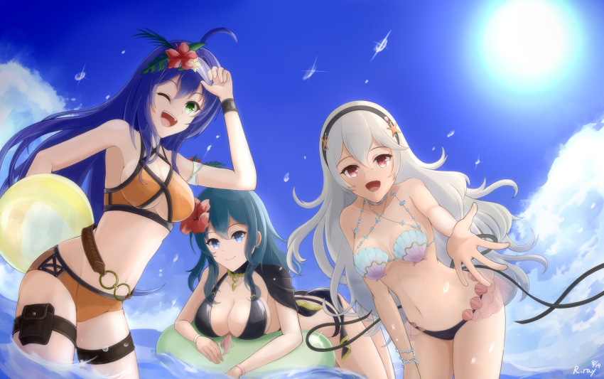 3_girls :d ;d alluring ball beachball belly_chain bikini black_bikini black_hairband black_ribbon blue_bikini blue_eyes blue_sky byleth_(fire_emblem) byleth_(fire_emblem)_(female) byleth_(summer)_(fire_emblem)_(female) cleavage closed_mouth collarbone corrin_(fire_emblem) corrin_(fire_emblem)_(female) corrin_(summer)_(fire_emblem)_(female) criss-cross_halter day fire_emblem fire_emblem:_path_of_radiance fire_emblem:_three_houses fire_emblem_fates floating_hair flower from_below green_eyes hair_flower hair_ornament hairband halterneck hibiscus high_res intelligent_systems jewelry long_hair looking_at_viewer medium_breasts mia_(fire_emblem) mia_(summer)_(fire_emblem) mismatched_bikini multiple_girls nintendo official_alternate_costume one_eye_closed open_mouth orange_bikini outside outstretched_arm red_eyes red_flower ribbon ryuusaki_rei sideboob silver_hair sky smile sun swimsuit teal_hair thigh_strap under_boob very_long_hair wading