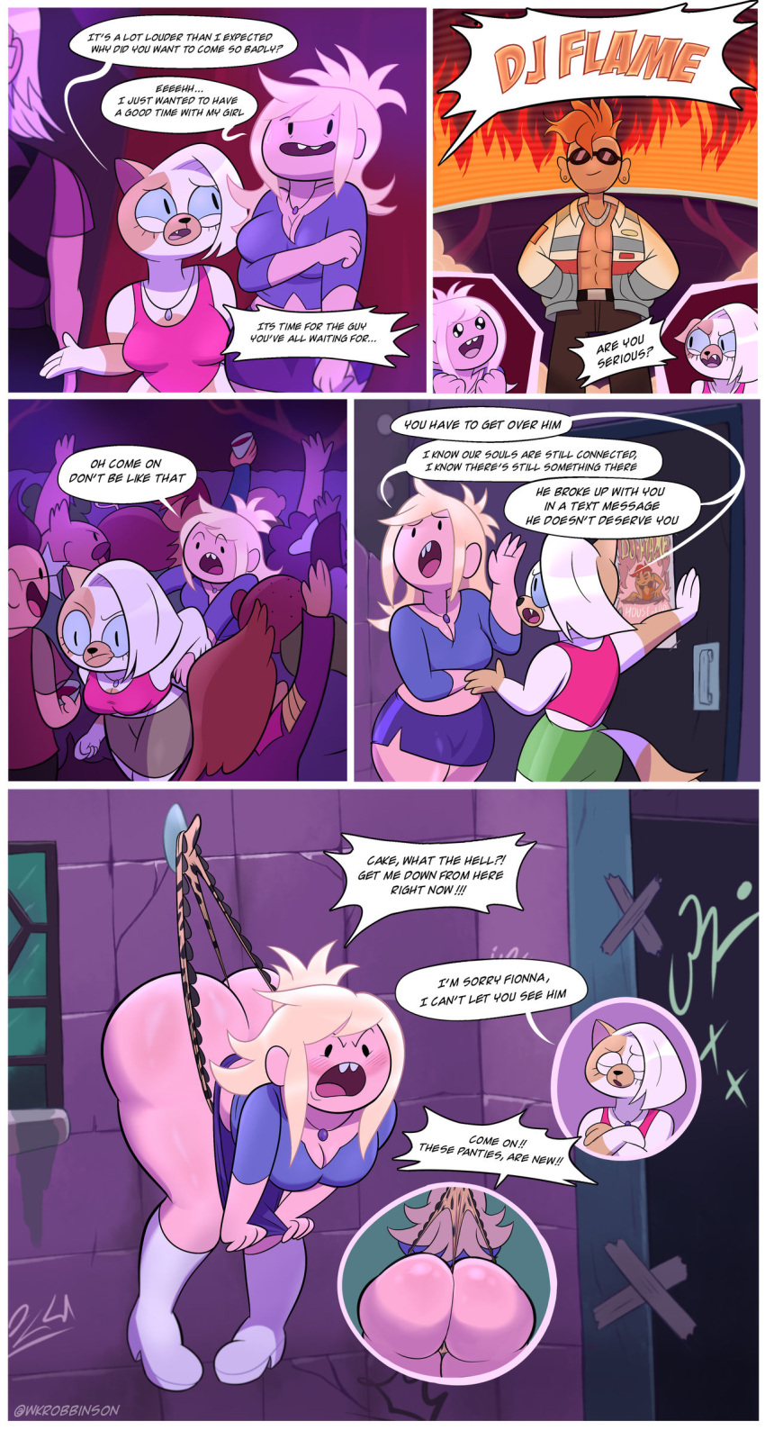 2_girls adventure_time adventure_time:_fionna_&_cake anthro ass blonde_hair blush cake_the_cat cartoon_network cat catwoman comic embarrassing fionna_and_cake fionna_the_human human leopard_print leopard_print_panties panties printed_panties restroom wedgie wide_hips