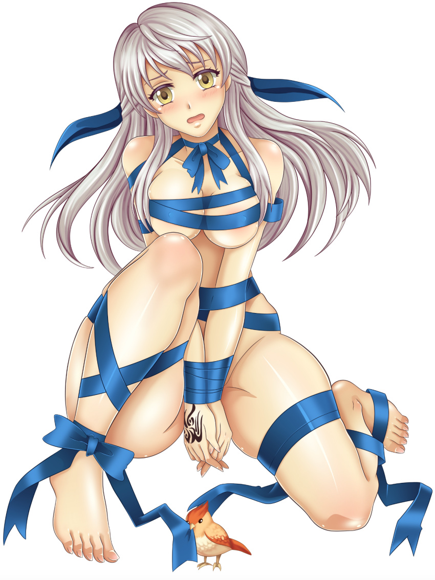 1girl alluring bangle bird birthmark blue_ribbon blush bound bracelet collarbone convenient_censoring fire_emblem fire_emblem:_radiant_dawn hair_ribbon half_updo highres intelligent_systems jewelry leenvidia long_hair medium_breasts micaiah_(fire_emblem) naked_ribbon nintendo nude paid_reward_available restrained ribbon ribbon_bondage silver_hair simple_background solo white_background yellow_eyes yune_(fire_emblem)