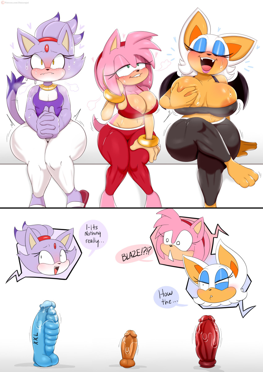 3girls absurd_res after_masturbation amy_rose anal anal_insertion anthro anthro_only areola areola_slip ass barefoot bat_wings before_and_after big_ass big_breasts biting_lip blaze_the_cat blue_eyeshadow blush bottom_heavy breast_grab breasts breasts_out casual cleavage clothed clothed_female comic contest curvaceous curvy dildo dildo_in_pussy dildo_reveal dildo_sitting dildo_sitting_reveal english english_text eyelashes eyeliner eyeshadow female female/female female_only forehead_jewel fully_clothed furry furry_only green_eyes hairband high_res huge_dildo implied_masturbation implied_penetration insertion jinu large_insertion leggings lipstick lube makeup masturbation midriff mobian_(species) multiple_girls navel neckwear nipples open_mouth orgasm penis penis_size_difference photo pink_body pink_fur pink_hair pleasure_face purple_fur purple_hair pussy pussy_juice rouge_the_bat sega self_fondle sex_toy sex_toys shortstack simple_background sitting sitting_on_dildo skin_tight small_breasts sonic_the_hedgehog_(series) speech_bubble sports_bra sweat tail tan text thick_thighs video_games voluptuous white_background white_hair wide_hips wings wristwear yellow_eyes yoga_pants