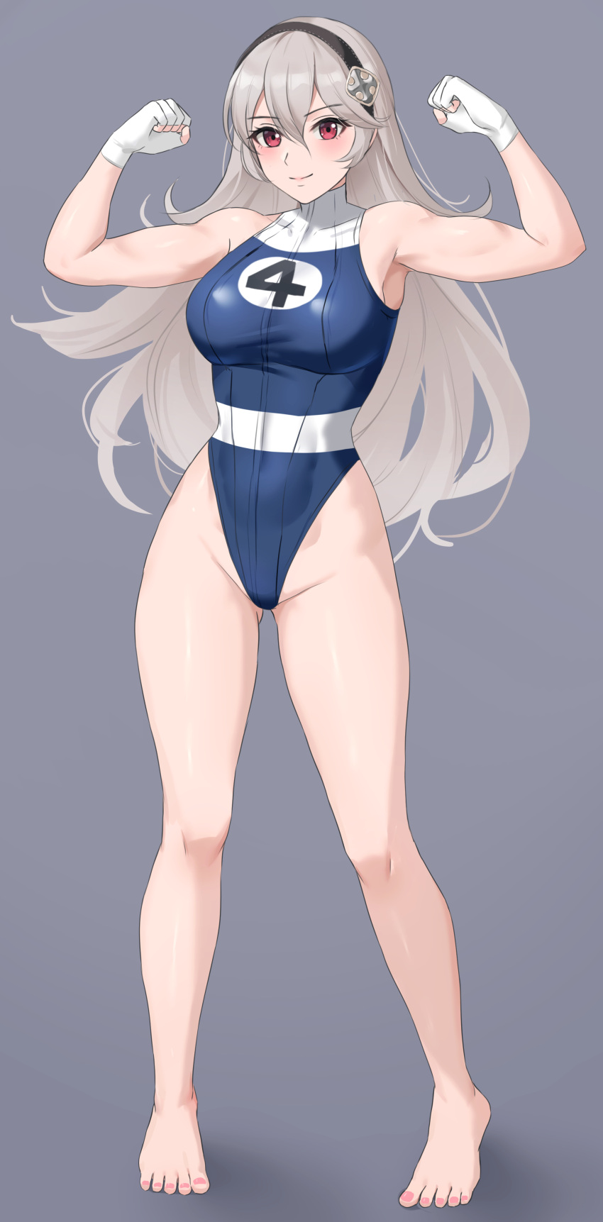 1girl 1girl absurd_res alluring amayo_thranana bare_legs barefoot big_breasts bikini black_hairband blue_leotard closed_mouth commission corrin_(fire_emblem) corrin_(fire_emblem)_(female) covered_navel fire_emblem fire_emblem_fates fire_emblem_warriors flexing full_body gloves gluteal_fold grey_background grey_hair hair_between_eyes hairband high_res highleg highleg_bikini highleg_one-piece_bikini intelligent_systems knees legs long_hair looking_at_viewer nintendo pointy_ears red_eyes simple_background skeb_commission smile standing thighs toes white_gloves