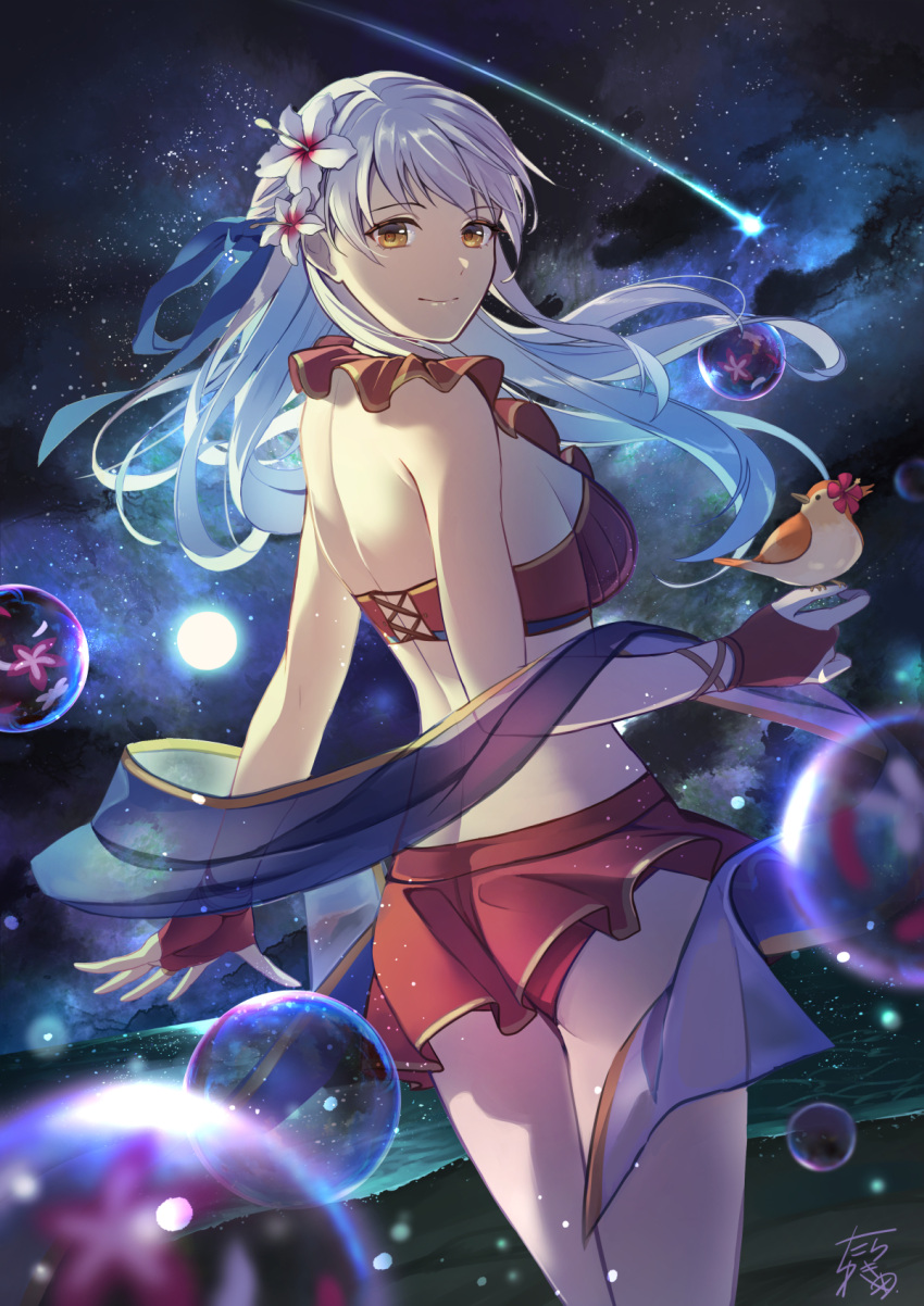 1girl alluring ass bare_arms bare_shoulders big_breasts bikini bird blue_ribbon commentary_request cowboy_shot fire_emblem fire_emblem:_radiant_dawn fire_emblem_heroes flower hair_flower hair_ornament hair_ribbon high_res intelligent_systems long_hair looking_at_viewer micaiah_(fire_emblem) micaiah_(wavecrest_maiden)_(fire_emblem) night night_sky nintendo red_bikini ribbon shooting_star sky smile standing star_(sky) starry_sky swimsuit tarayuki thighs very_long_hair white_flower white_hair yellow_eyes yune_(fire_emblem)