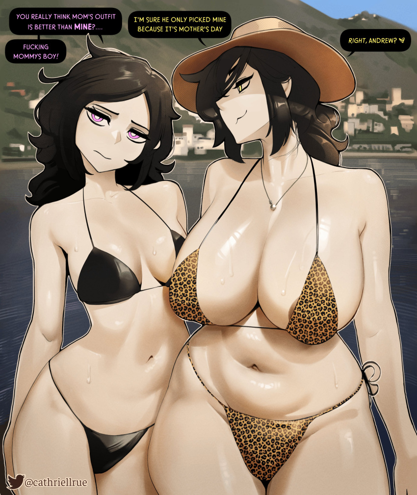 2_girls :3 accurate_art_style animal_print areola_slip ashley_graves beach bikini black_bikini black_hair breast_envy breast_size_difference breasts breasts_apart brown_headwear building cathriellrue cleavage collarbone day dialogue english_text female_only green_eyes halterneck hat highleg_bikini hill huge_breasts jitome leopard_print leopard_print_bikini long_hair looking_at_another looking_at_viewer looking_to_the_side midriff milf mischievous_smile mom_and_her_daughter_(meme) mother_&_daughter naughty_face navel necklace outside pearl_necklace photo-referenced profanity purple_eyes renee_graves sagging_breasts shiny_skin shore sideboob skindentation sky slightly_chubby small_breasts speech_bubble spoken_heart standing stomach string_bikini the_coffin_of_andy_and_leyley thick_thighs thighs thighs_together twitter_logo twitter_username water watermark wavy_mouth wet wide_hips yellow_eyes