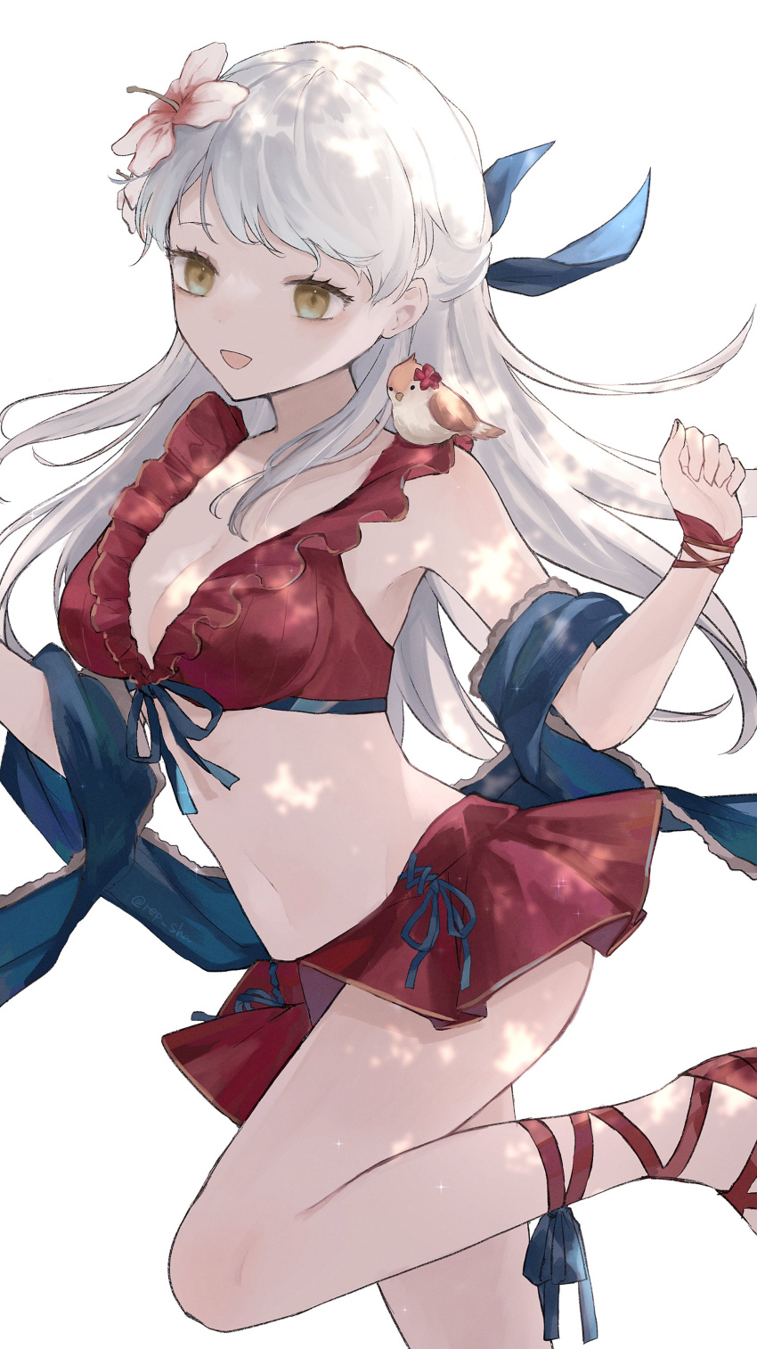 1girl 1girl :d absurd_res alluring animal animal_on_shoulder bare_shoulders bikini bikini_skirt bird bird_on_shoulder blue_scarf cleavage collarbone dappled_sunlight fingerless_gloves fire_emblem fire_emblem:_radiant_dawn fire_emblem_heroes flower front-tie_bikini_top front-tie_top gloves grey_hair hair_flower hair_ornament hair_ribbon half_updo high_res intelligent_systems leg_lift long_hair medium_breasts micaiah_(fire_emblem) micaiah_(wavecrest_maiden)_(fire_emblem) miniskirt navel nintendo official_alternate_costume open_mouth red_bikini red_gloves red_sandals repu_(rep_sha) ribbon sandals scarf simple_background skirt smile sunlight swimsuit thighs towel twitter_username white_background yellow_eyes yune_(fire_emblem)