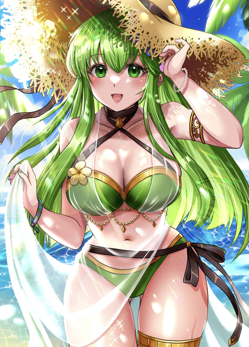 1girl 1girl absurd_res akimiiiii alluring armlet big_breasts bikini blush bracelet cleavage criss-cross_halter fire_emblem fire_emblem_echoes:_shadows_of_valentia fire_emblem_heroes flower gluteal_fold green_bikini green_eyes green_hair hair_ornament halterneck hat high_res intelligent_systems jewelry long_hair navel nintendo ocean official_alternate_costume open_mouth outside palla_(fire_emblem) palla_(summer)_(fire_emblem) palm_leaf palm_tree sarong see-through_clothes see-through_sarong skindentation small_breasts stomach straw_hat sun_hat swimsuit thick_thighs thighlet thighs tree water