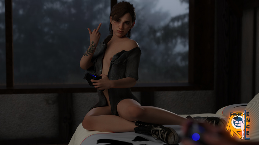 1girl 1girl 3d blender brown_hair ellie feverlence game_controller gamer_girl grin human looking_at_viewer middle_finger naughty_dog one_breast_out small_breasts tattoo teen the_last_of_us the_last_of_us_2