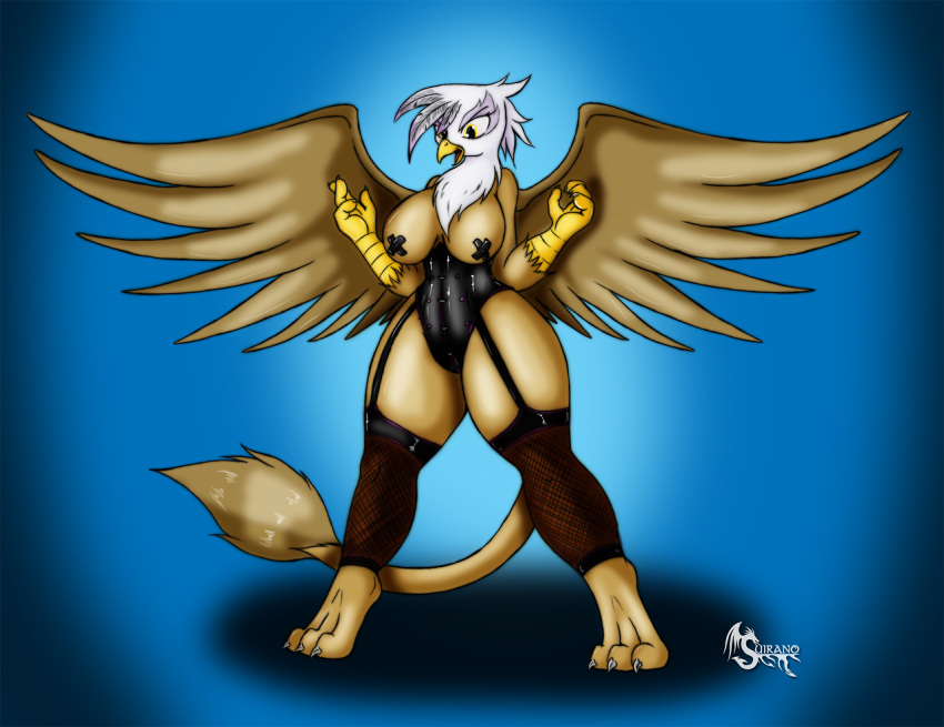 2014 anthro avian beak breasts brown_fur female friendship_is_magic fur furry gilda_(mlp) gryphon my_little_pony solo standing suirano white_fur wings