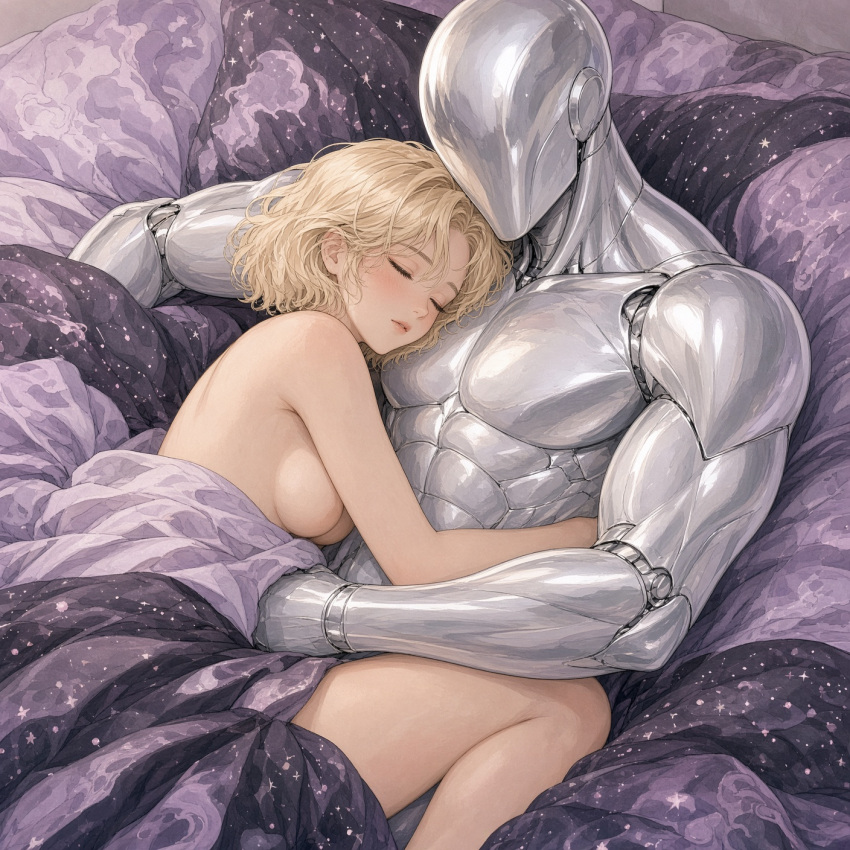 ai_generated blonde_female cuddling embrace faceless_character faceless_male human_on_robot in_bed interspecies muscular_male nude_female robot robot_humanoid wavy_hair