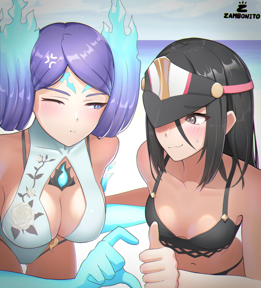 2girls alluring big_breasts bikini black_hair blush brighid brighid_(xenoblade) brown_eyes cleavage core_crystal flaming_hair heart_hands_failure medium_breasts morag_ladair nervous nintendo one-piece_bikini one-piece_swimsuit purple_eyes purple_hair swimsuit visor_cap xenoblade_(series) xenoblade_chronicles_2 yuri zambonito