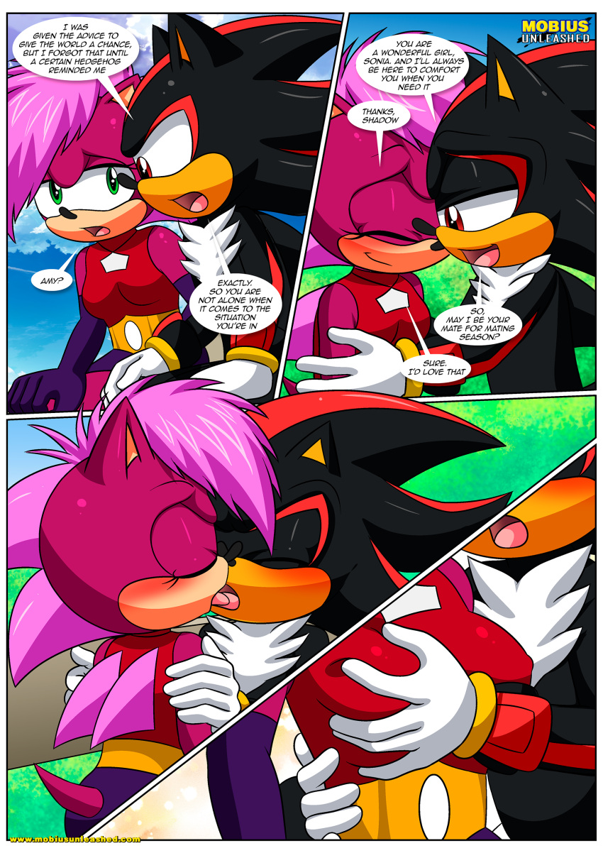 1girl anthro bbmbbf blush breasts comic male male/female mobian_mating_season_(comic) mobius_unleashed palcomix sega sega shadow_the_hedgehog sonia_the_hedgehog sonic_the_hedgehog_(series)