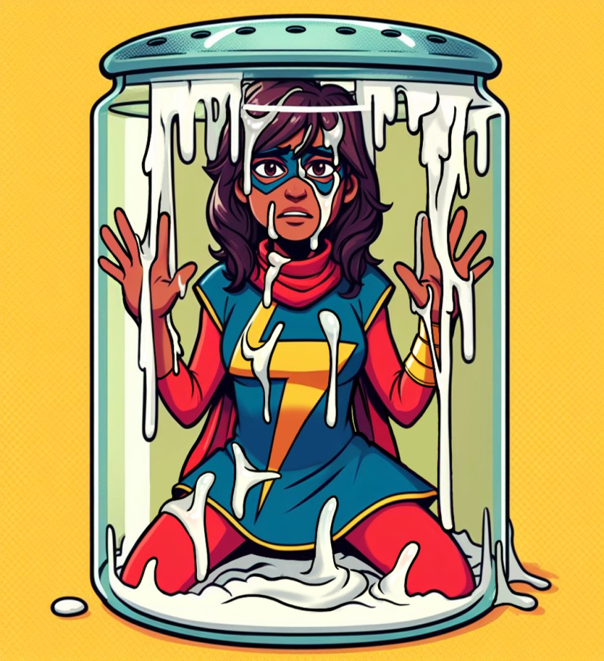 1girl brown_eyes brown_hair brown_skin cum cum_in_jar cum_on_body cum_on_breasts cum_on_clothes cum_on_face cum_on_legs dark-skinned_female excessive_cum eyemask fully_clothed jar kamala_khan looking_at_viewer marvel marvel_comics ms._marvel muslim_female older older_female pakistani_female shrinking shrunk superheroine young_adult young_adult_female young_adult_woman