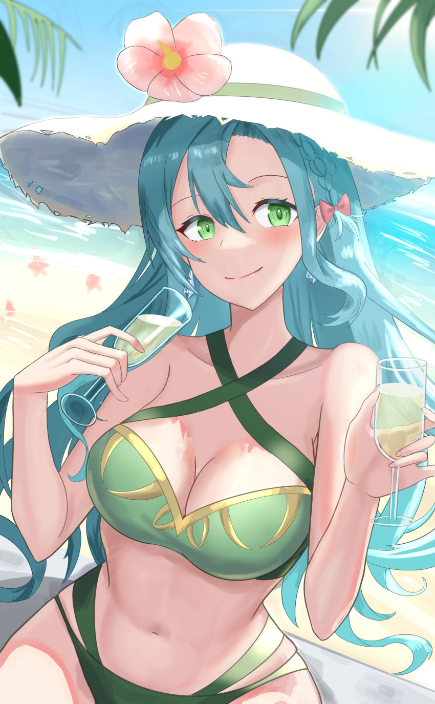 1girl 1girl 1girl absurd_res alluring alternate_costume aqua_hair beach big_breasts bikini blue_sky braid chloe_(fire_emblem) cleavage closed_mouth day female_only fire_emblem fire_emblem_engage flower green_bikini green_eyes green_swimsuit high_res long_hair looking_at_viewer nintendo ocean outside side_braid sky smile swimsuit tarutaru193 teardrop_earrings