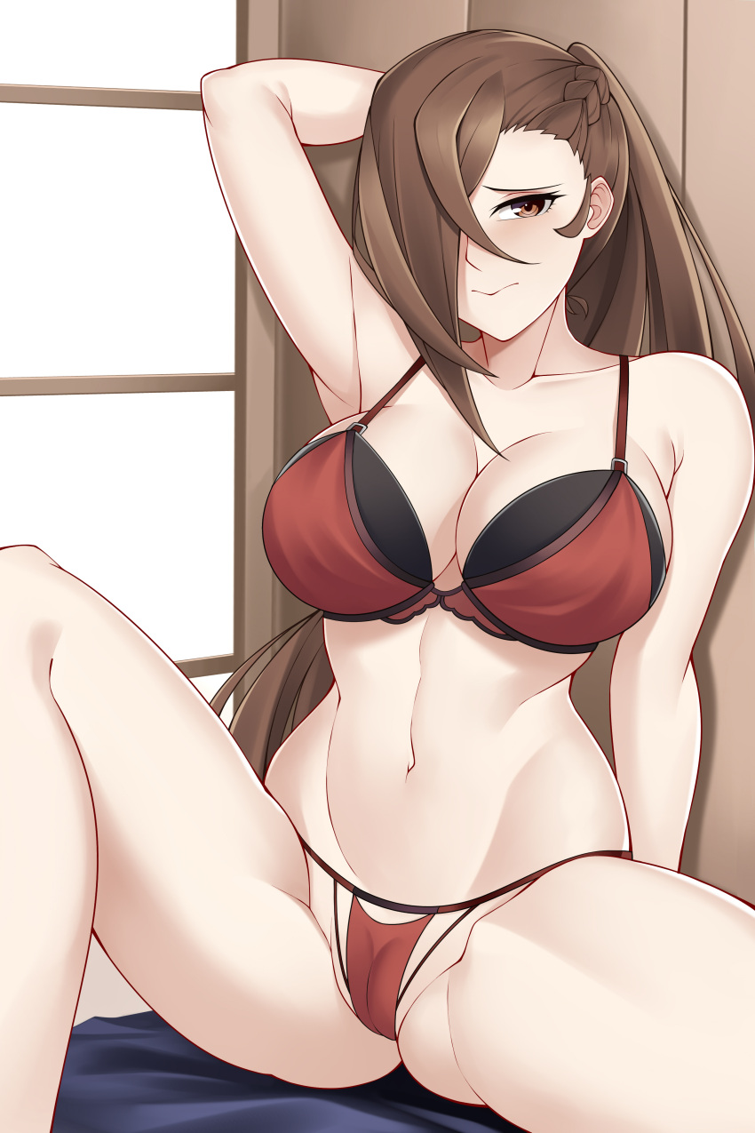 1girl 1girl 1girl alluring arms_up aslind_samure aslindsamure bare_legs big_breasts blush breasts brown_eyes brown_hair cleavage embarrassed eye_behind_hair female_only fire_emblem fire_emblem_fates kagero_(fire_emblem) panties ponytail red_panties underwear