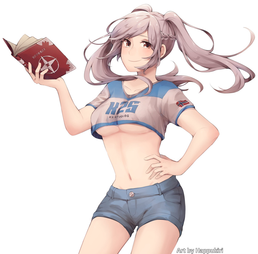 1girl 1girl 1girl alluring book braid breasts brown_eyes clavicle cowboy_shot crop_top denim denim_shorts fire_emblem fire_emblem_awakening flag_print french_braid gloves hand_on_hip hand_up happukiri high_resolution long_hair looking_at_viewer medium_breasts midriff navel norway norwegian_flag robe robin_(fire_emblem) robin_(fire_emblem)_(female) short_shorts short_sleeves shorts silver_hair simple_background smile standing stomach text_on_clothes tied_hair twin_tails under_boob white_background white_hair